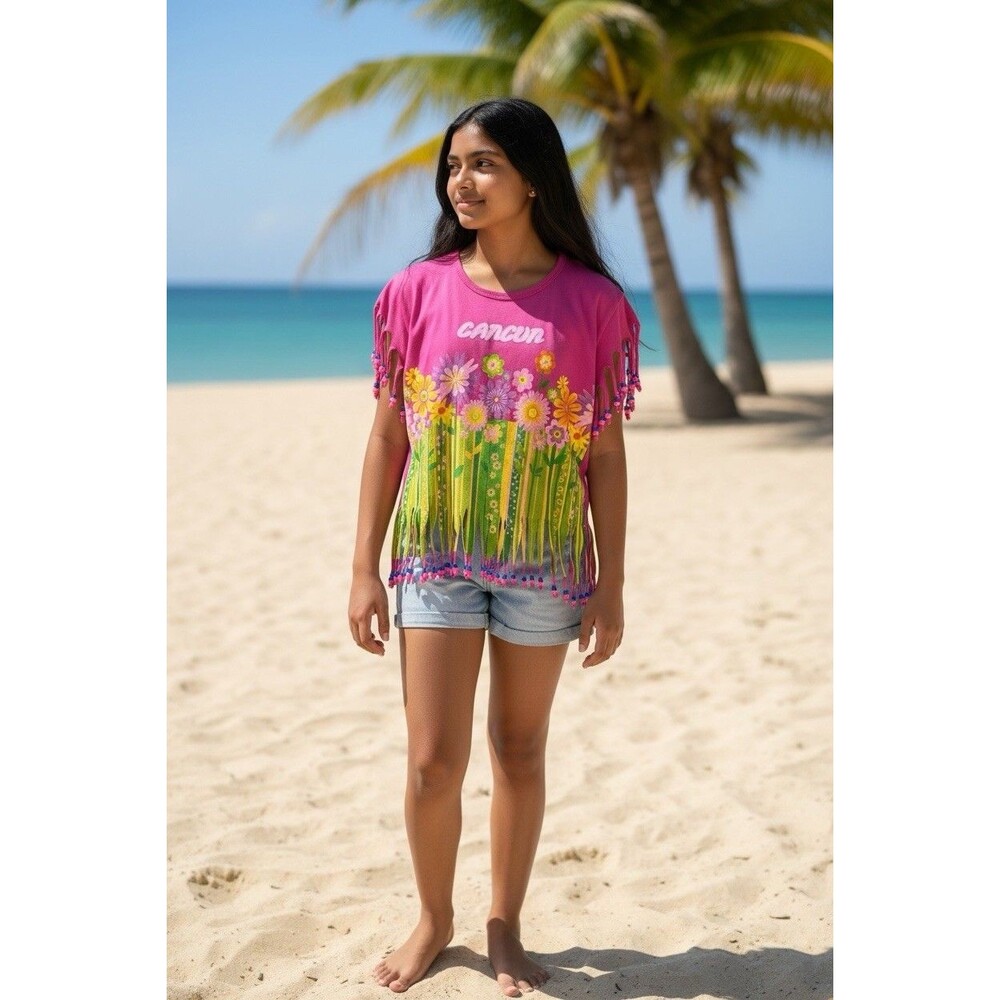 Pink La Iguana Beach-Wear Factory‎ Beaded Fringe Cancun Shirt Child Size Large